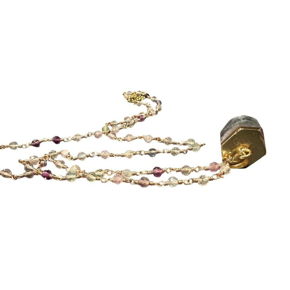 Handmade Crystal Point Pendant Necklace With Multicolor Beaded Chain & Gold - Picture 7 of 10